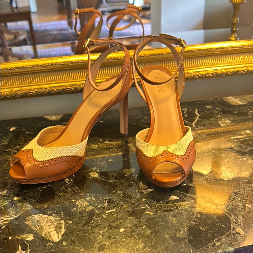 Lauren Ralph Lauren Brown and Cream Sandals with Ankle Strap
